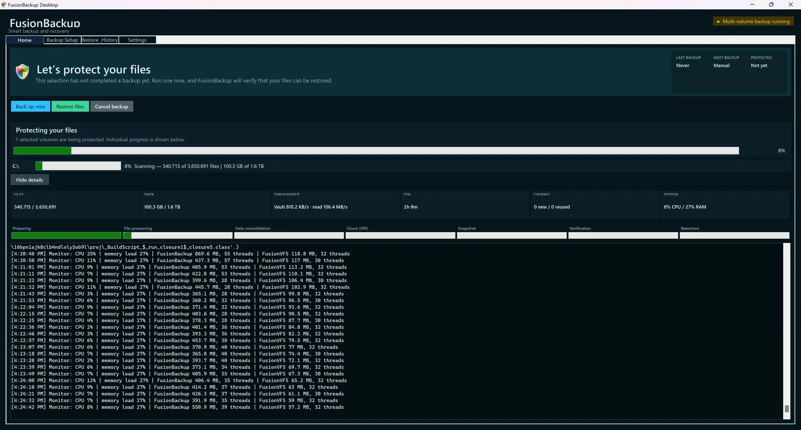 FUSION: Backup desktop application showing protected data, backup status, and recovery controls